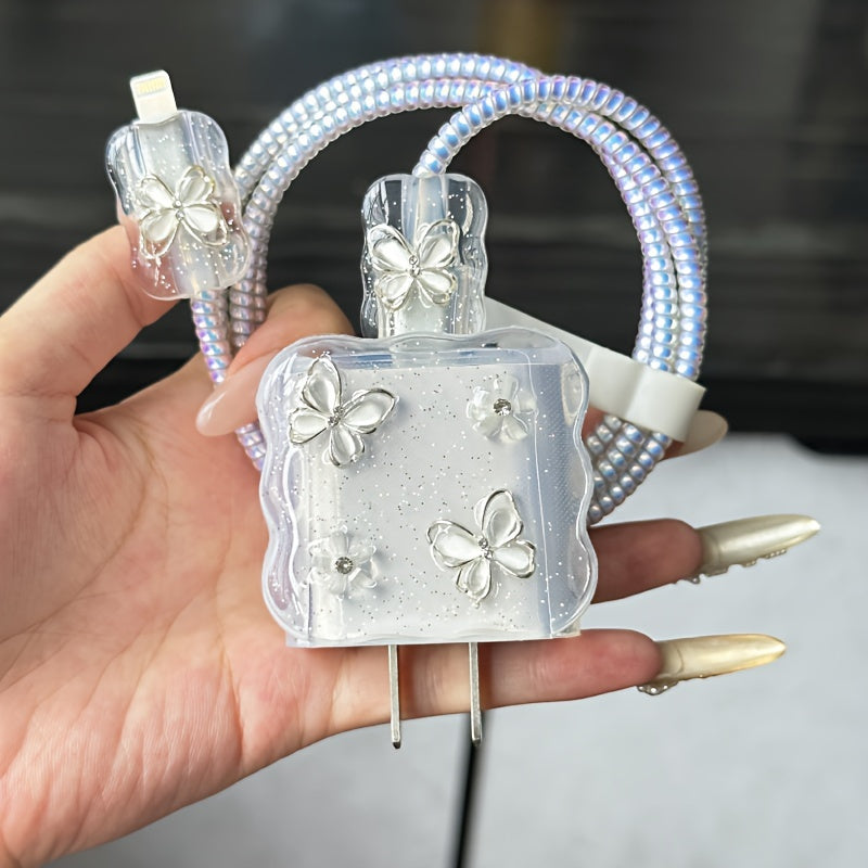 5-Piece Set 3D Cartoon Crystal Butterfly Design Charger Protector Cover Suitable for Apple 18W/20W Adapter, TPU Cable Protector Sleeve with Phone Cable Spiral Protection Accessories